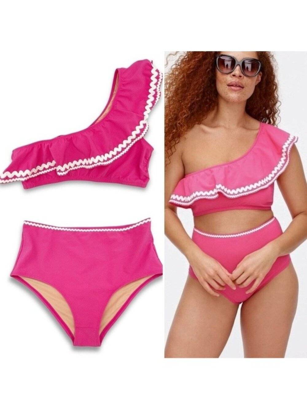 NEW J Crew One Shoulder High Waisted Two Piece Swimsuit Ric Rac top S Bottom M